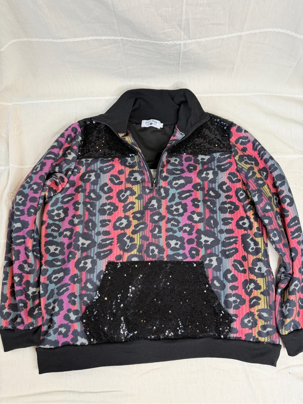 Womens Sequin Accent Animal Print Pullover Jacket - Black & Multicolor